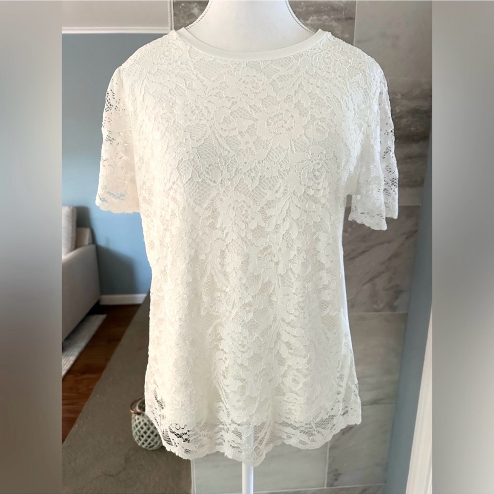 Brooks Brothers Lace Overlay Short-Sleeve Top, Cream, Size Medium